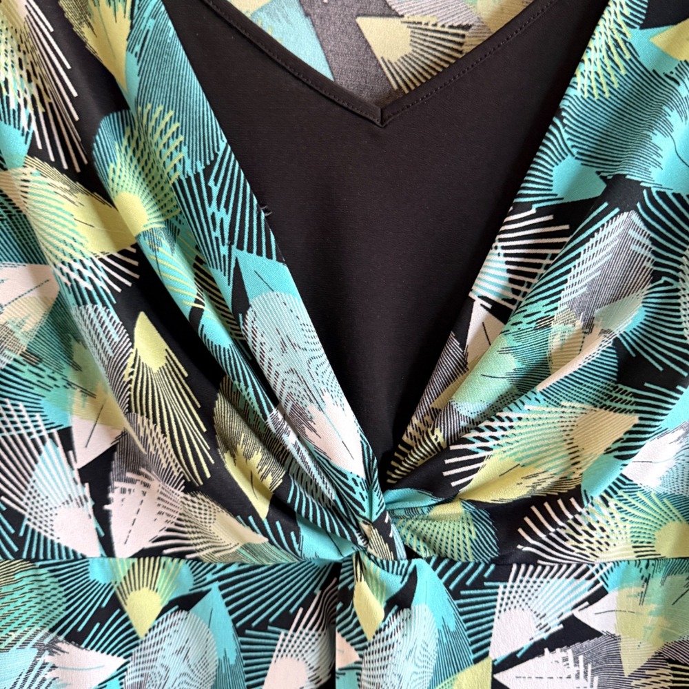 Teal Green Large Faux Wrap Top Women Abstract Twist Front Excellent East 5th - Picture 4 of 8
